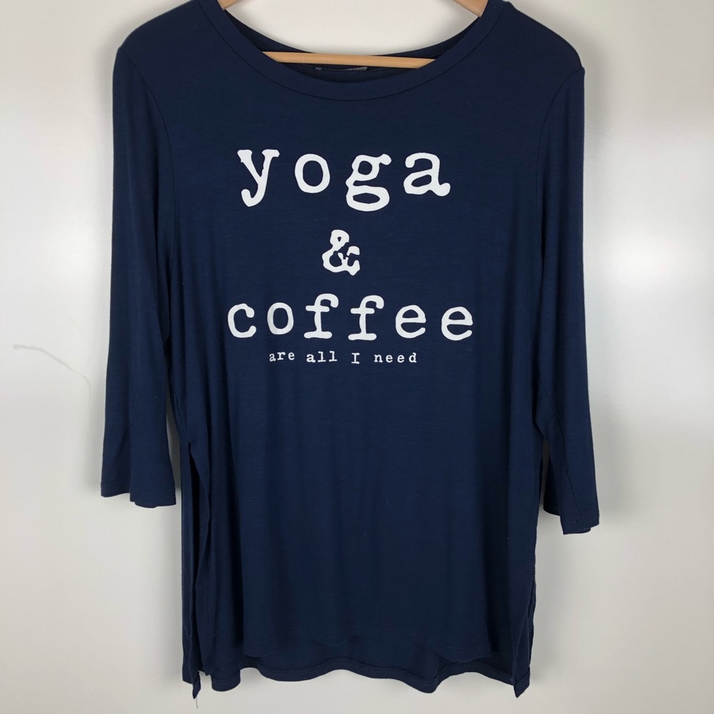 Yoga and coffee graphic 3/4 sleeve tee. Size M